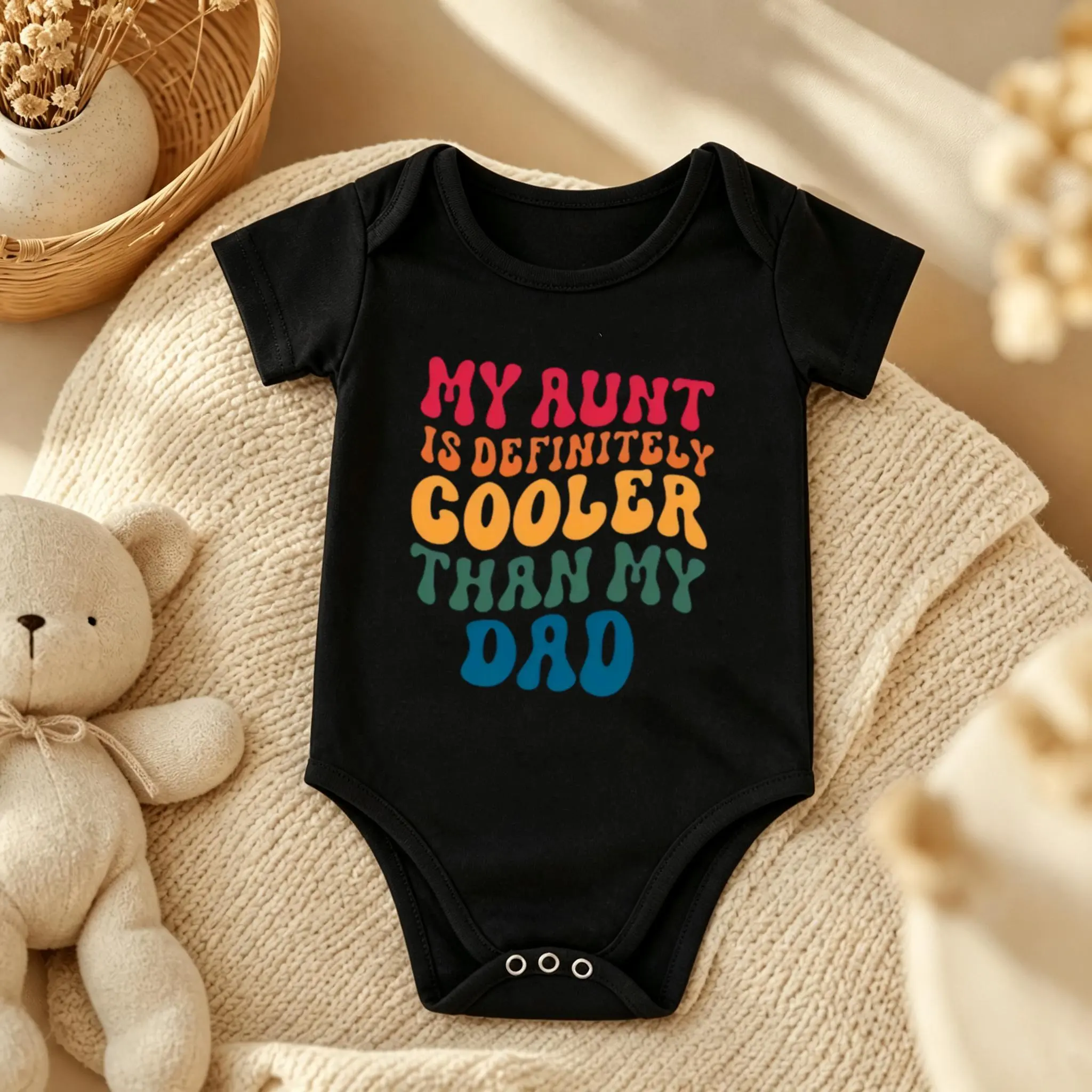 "My Aunt Is Definitely Cooler Than My Dad " Print Baby Bodysuit,Soft 100% Pure Cotton Infant Short Sleeve Onesie, Funny Family Quote Romper for Baby Boys Girls