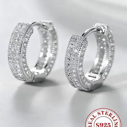 S925 Sterling Silver Sparkling Zircon Gemstones Hoop Earrings, Stylish and Luxurious Fashion Party Earrings in Gold, Silver and Black, Perfect for Parties and Daily Wear, Ideal Christmas Gift, Fashionable Hoop Earrings