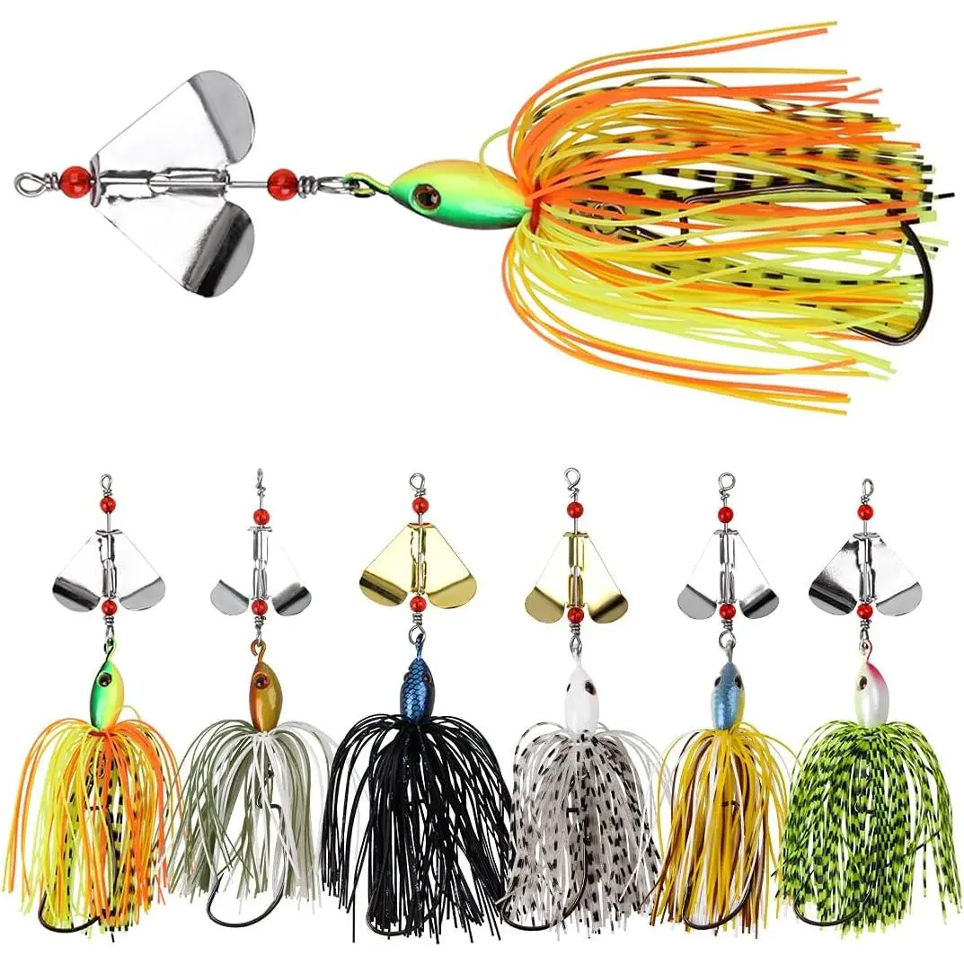 Spinnerbait Fishing Lures Kit Set, 6 count Bass Fishing Buzzbait Multicolor Bass Trout Salmon Metal Spinner Baits Swim Jigs Freshwater Saltwater Fishing