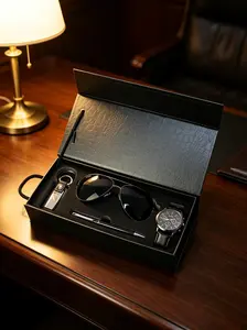 New Men's Quartz Watch Set, Includes Sunglasses, Keychain, Ballpoint Pen, 4pcs Gift Set, Ditsy Floral Pattern, Artificial Leather Chain