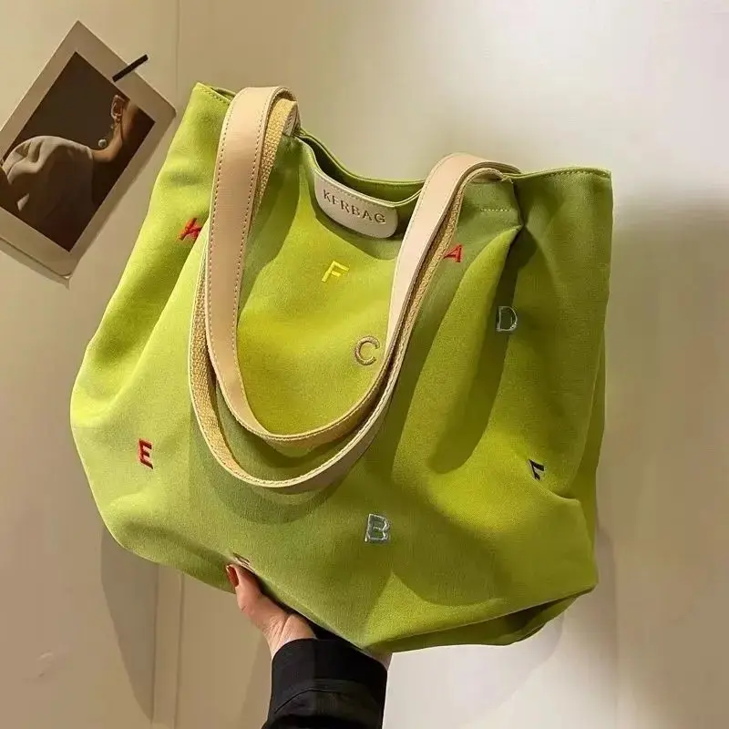 2026 NEW Embroidered Letter Handbag One-shoulder Tote Bag Large-capacity Canvas Bag Fashionable Famale All-matching Personality, Personality Student Shoulder Bag