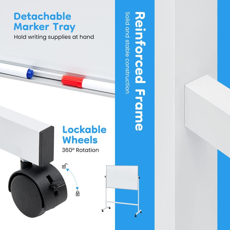 Rolling White Board on Wheels 48" x 32" Large Dry Erase Board with Stand for Home Office School Easy Install Strong Durable Double Sided Height Adjustable Flexible Mobile Use Wheels for Home Office Classroom