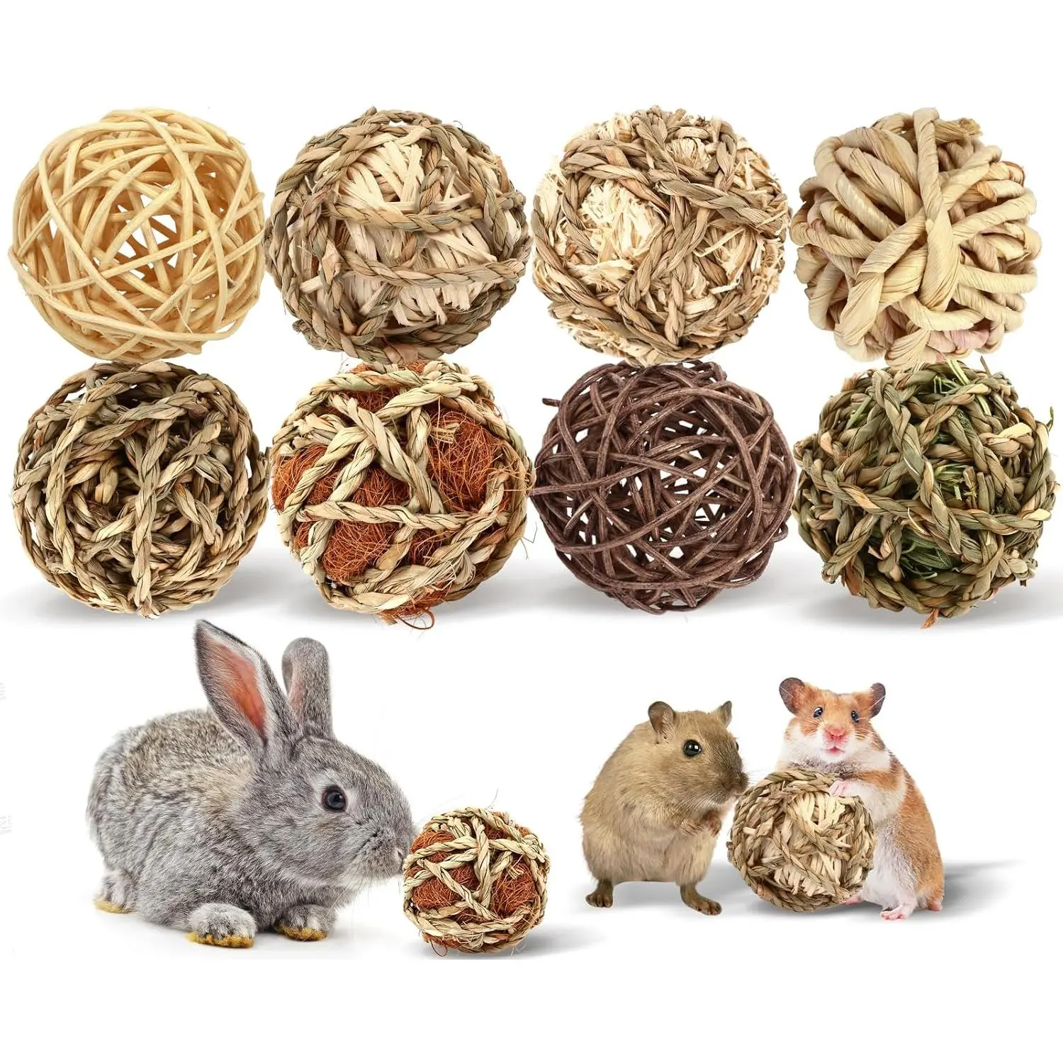 8 Pack Natural Bunny Chew Grass Balls, Rabbit Chew Toys for Teeth Grinding, Rolling Treat Toys for Rabbits, Guinea Pigs, Chinchillas, Hamsters & Small Animals