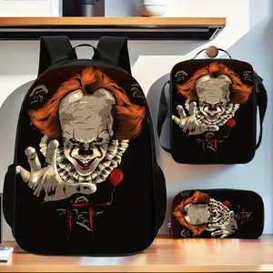 Pennywise the Clown black background with red balloon print three-piece school bag set includes a backpack, insulated lunch bag, and pencil case, suitable for teenagers' daily school use