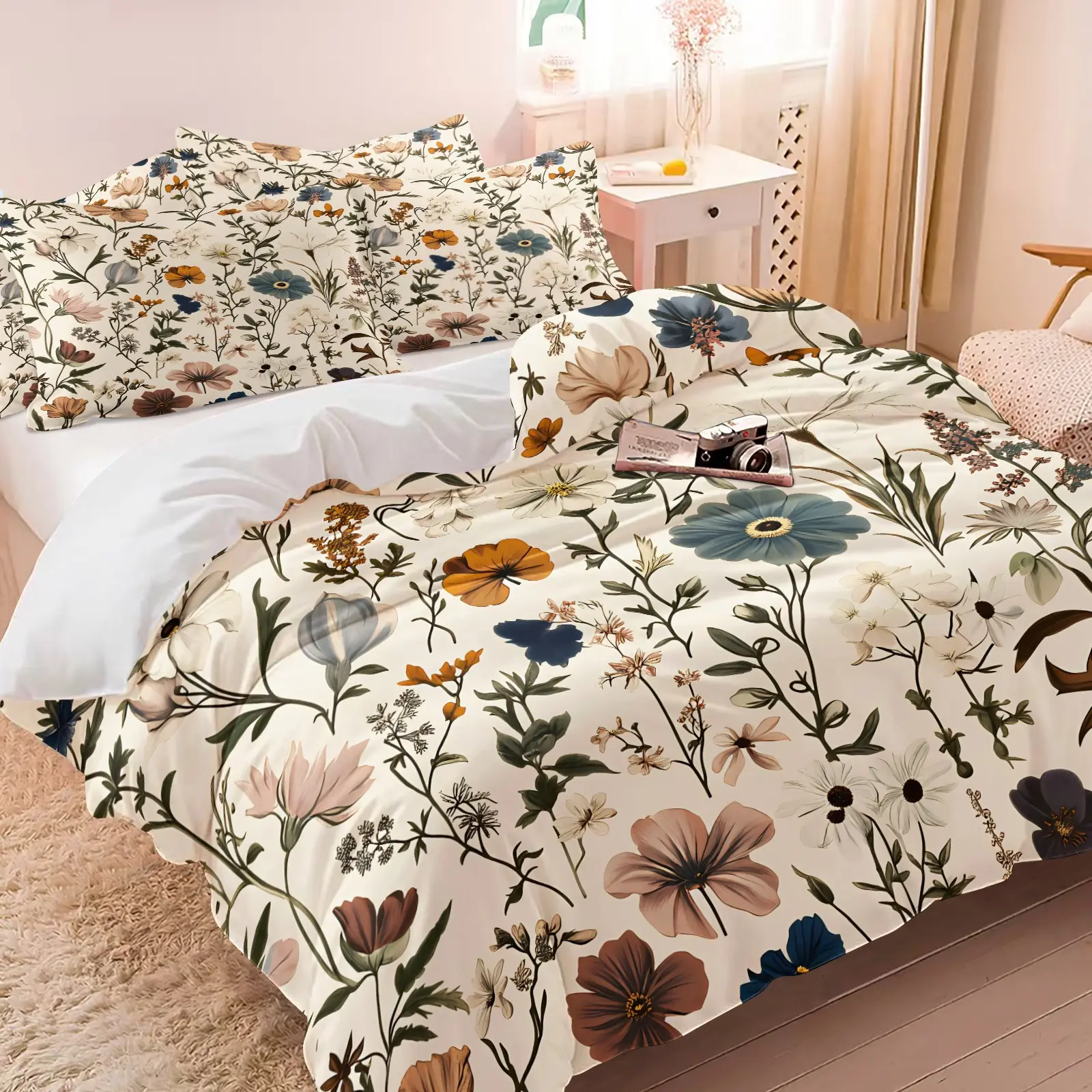 2/3Pcs Soft Vintage Wildflower Comforter Set Neutral Boho Multicolor Daisy Floral Leaf Watercolor Print Bedding Lightweight All Season Cozy Bed Set For Farmhouse Cottage Bedroom Decor