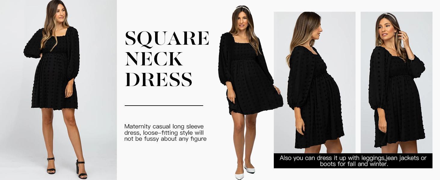 Imily Bela Women's Maternity Long Sleeve Dress Square Neck Swiss Dot Summer Casual Loose Short Dresses