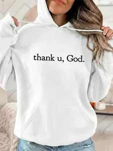 Women's Fashion Hooded Sweatshirt, Thank U God Print, Drawstring Kangaroo Pocket, Fall Winter Casual Sports Top, Perfect for Parties
