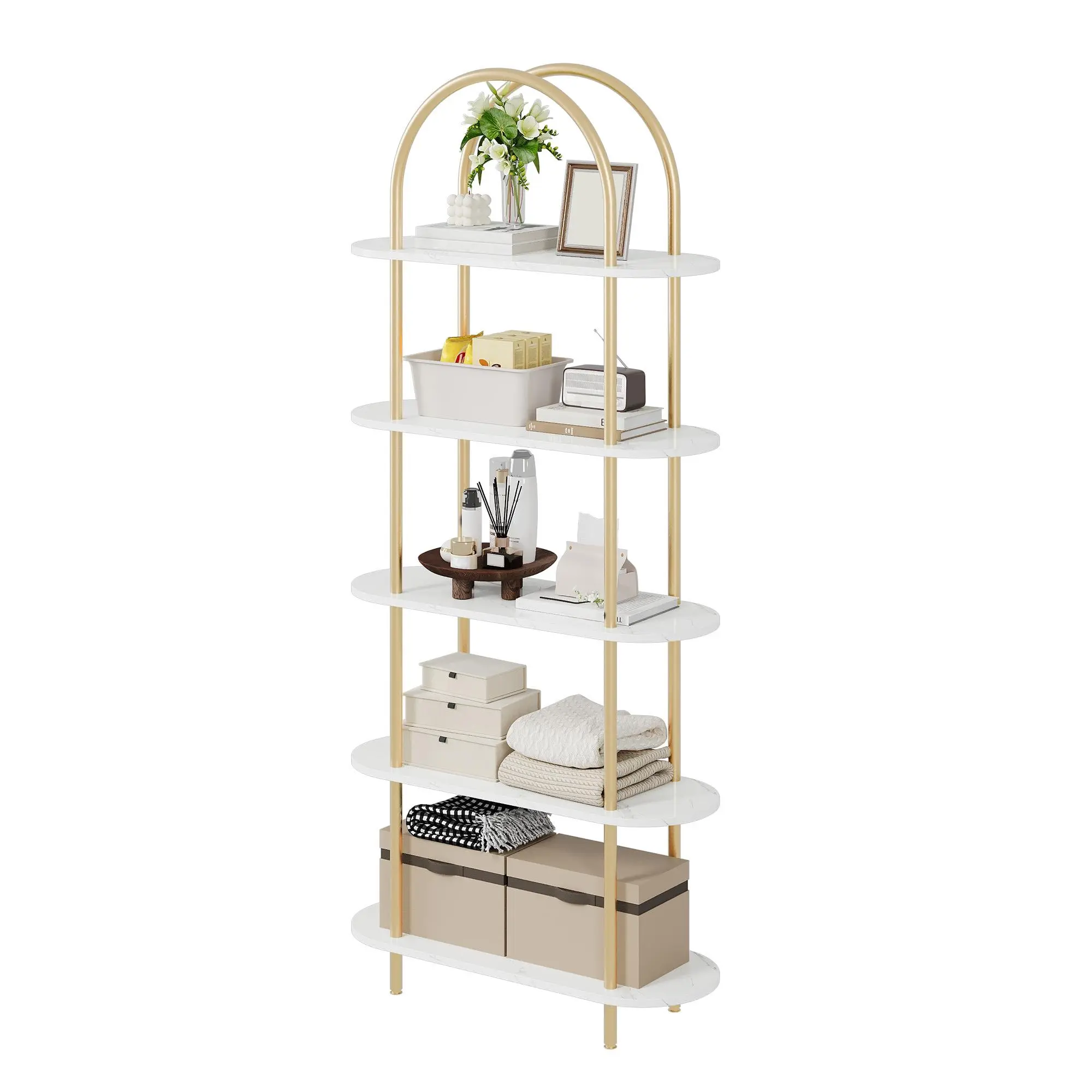 71" Tall 5-Tier Arched Bookcase, Heavy-Duty Elevated Wooden and Metal Living Room Furniture, Gold-Black Frame with Metal-Wood/Marble Finish, Narrow Space-Saver with Anti-Tip Safety, 70.87"h x 31.5"l x 11.81"w, Assembly Required