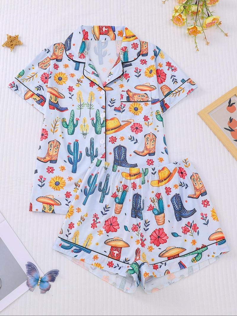 Women's All Over Cowboy Print Lapel Neck Button Front Pajama, Casual Comfy Short Sleeve Pocket Top & Elastic Waist Shorts PJ Set, Ladies Sleepwear Loungewear for All Seasons