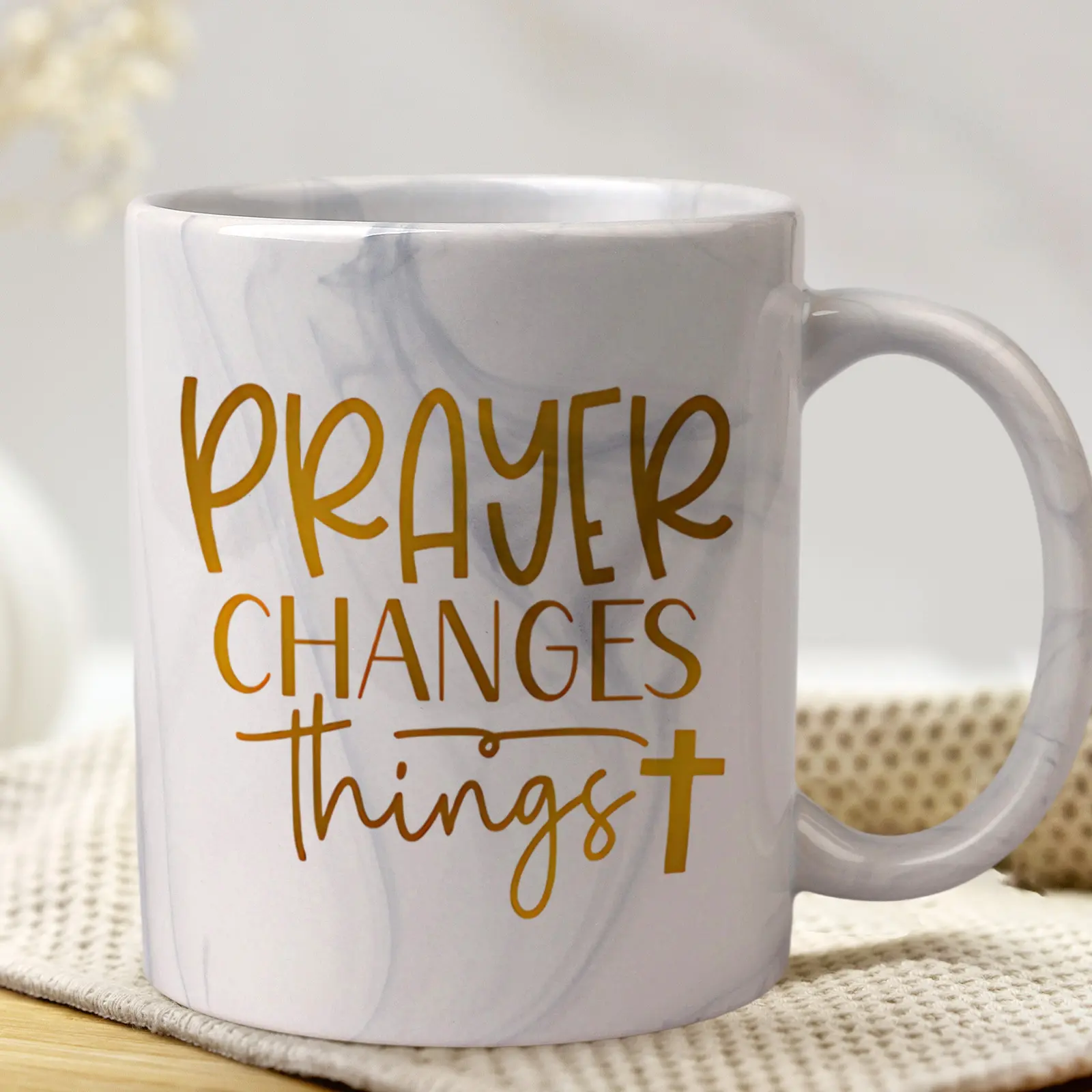 1pc 11oz Marble Ceramic Christian Inspirational Coffee Mug with Prayer Changes Things Lettering & Cross Design - & Golden Marbled Religious Tea Cup, Faith-Based Gift for Women & Men, Daily Use for Christmas, Easter, Thanksgiving
