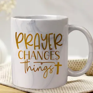1pc 11oz Marble Ceramic Christian Inspirational Coffee Mug with Prayer Changes Things Lettering & Cross Design - & Golden Marbled Religious Tea Cup, Faith-Based Gift for Women & Men, Daily Use for Christmas, Easter, Thanksgiving