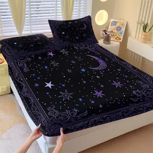 3Pcs Purple Celestial Moon Star Fitted Sheet Set Soft Microfiber Gothic Night Sky Pattern Deep Pocket Wrinkle Resistant Bedding Set Vintage Ornate Border Mystic Witchy Bed Linens For Bedroom Aesthetic Room Decor