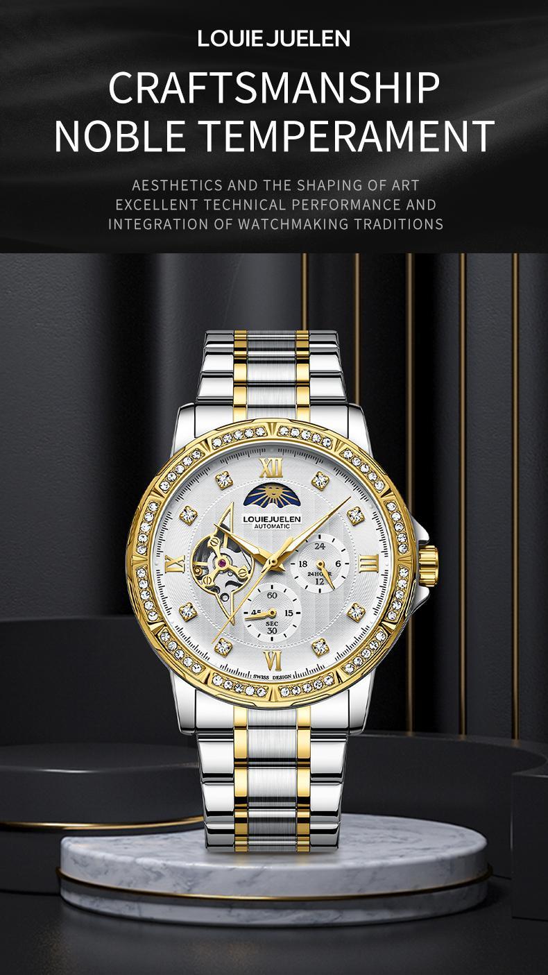 Elite Men's Swiss Automatic Chronograph: 44mm Diamond-Accented Bezel | Exuding Refined Opulence | Triple-Fortified Durability (30M Water/Shock/Scratch Resistant) | Engineered for Boardroom Authority, Wilderness Expeditions & Black-Tie Affairs