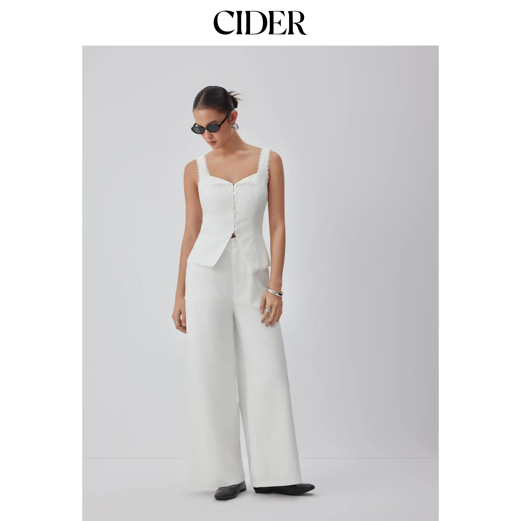 Cider Linen-blend Lace Panel Mid Rise Wide Leg Jumpsuit