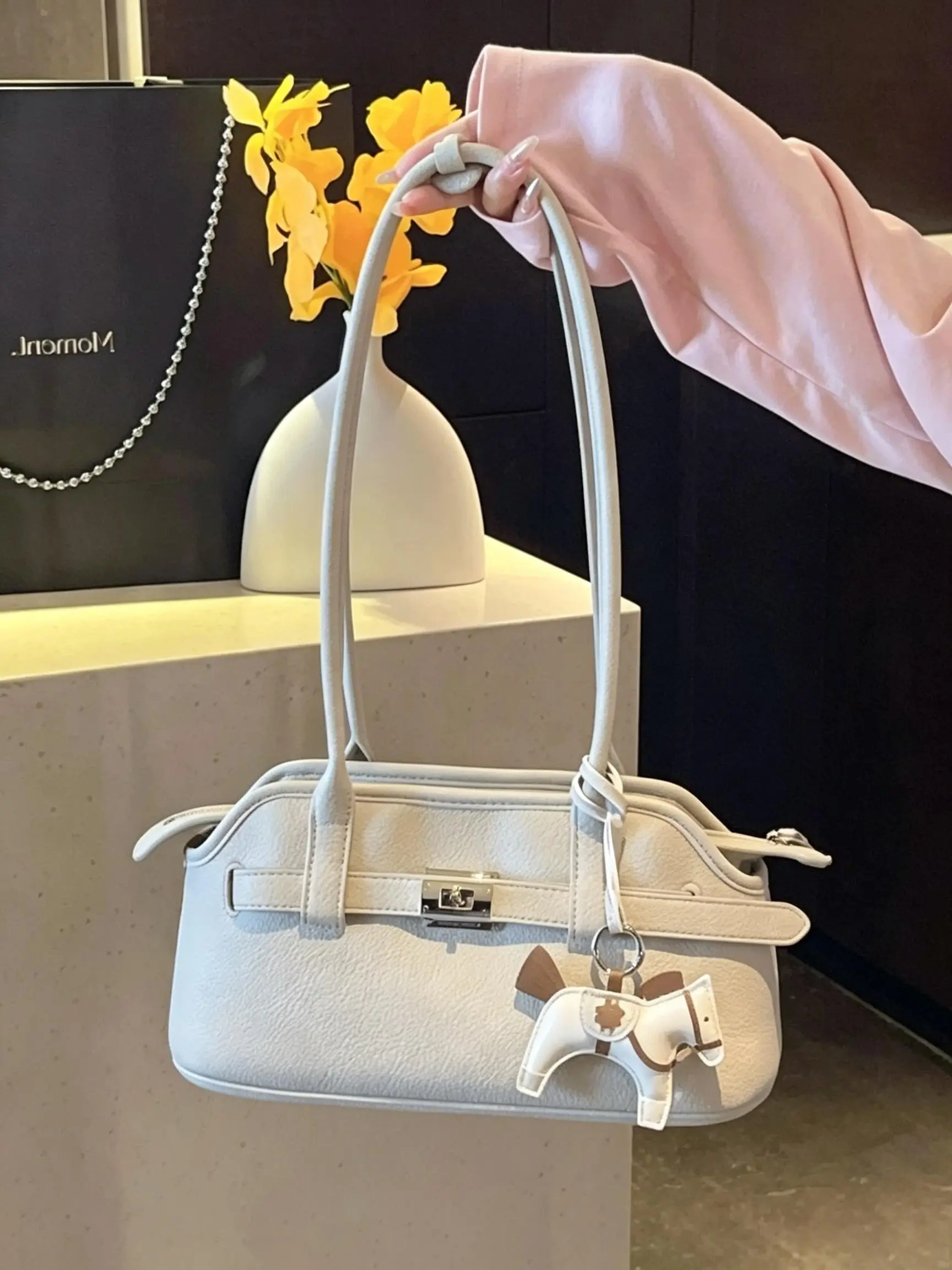 Unique Texture Belt Buckle Crossbody Bag, Horse Charm Long Strap Handbag, Versatile Commuter Shoulder Bag for Women