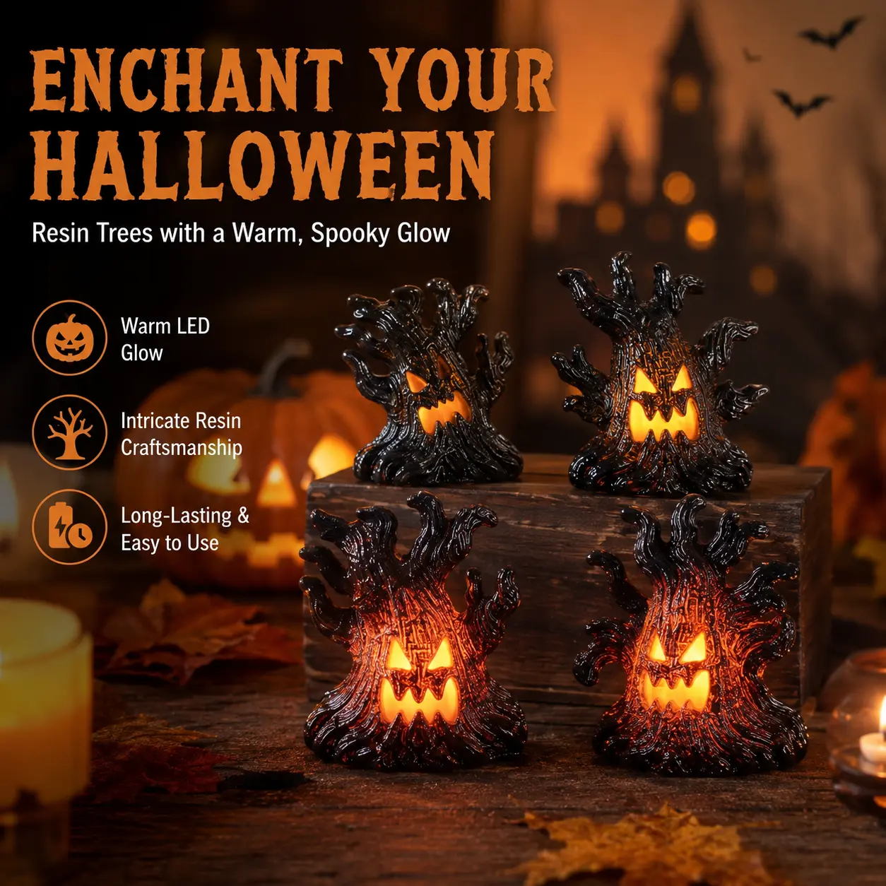 4PCS Halloween Resin Tree Decorations with LED Light, Spooky Evil Tree Figurines with Pumpkin Faces, Haunted House Tabletop Decor, Gothic Halloween Ornaments for Home, Shelf, Fireplace, Party Decoration & Holiday Gift-YY2