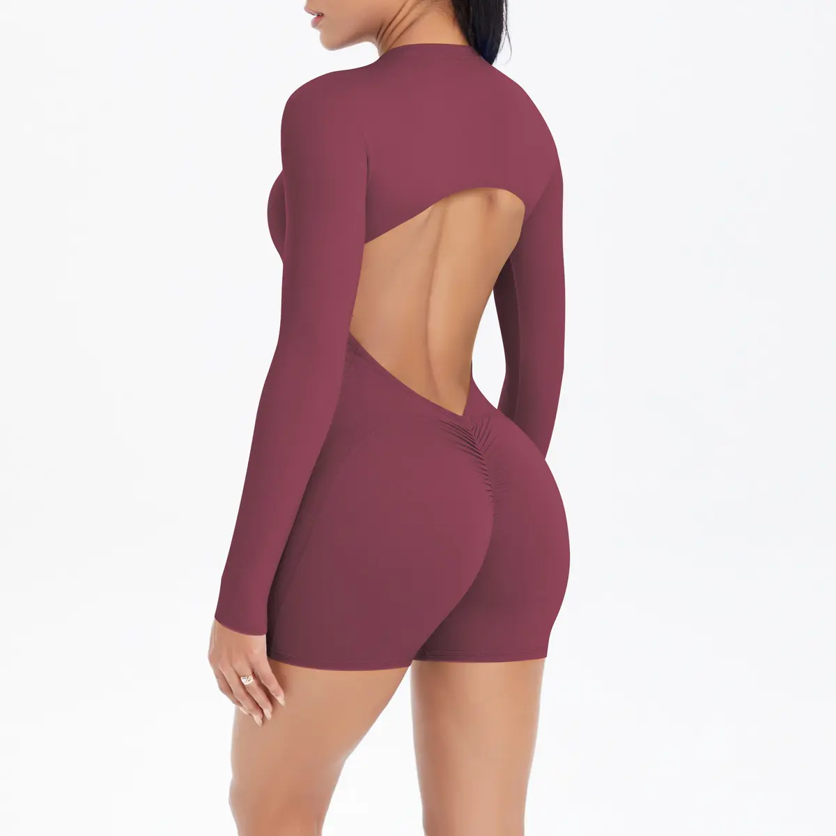 Women’s Half Zip Stand Collar Long Sleeve Yoga Onesie, Back Cutout Quick Dry Buttery Soft Contour Support Short Workout Jumpsuit for Gym Training Pilates Daily Athleisure