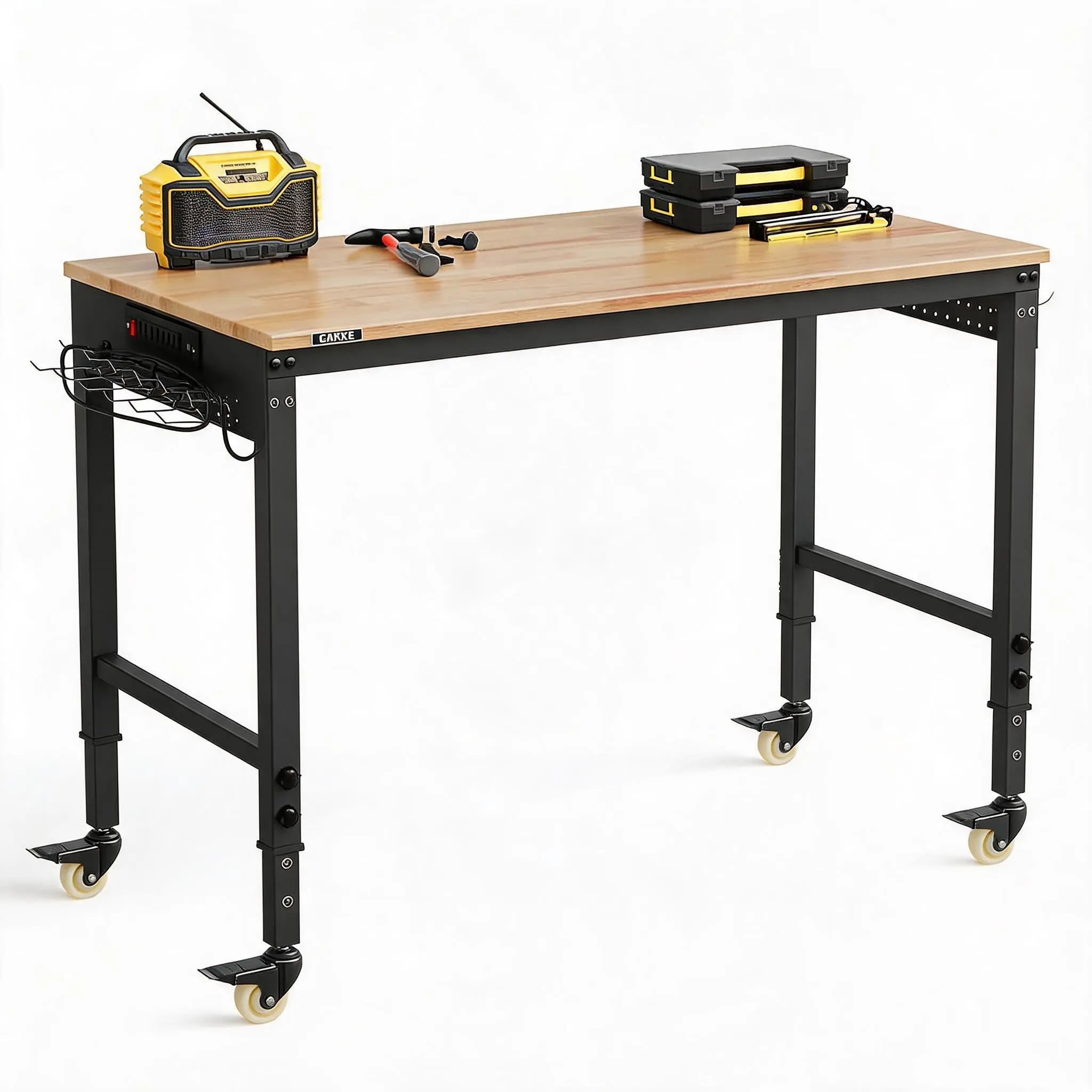 Heavy Duty Workbench 48x24 Inch, 6-Height Adjustable, 2000 lb Load, Solid Rubberwood Top, ETL Power Outlets, Swivel Casters, Pegboard & Hooks, for Garage & Woodworking Shop - Rubberwood Color