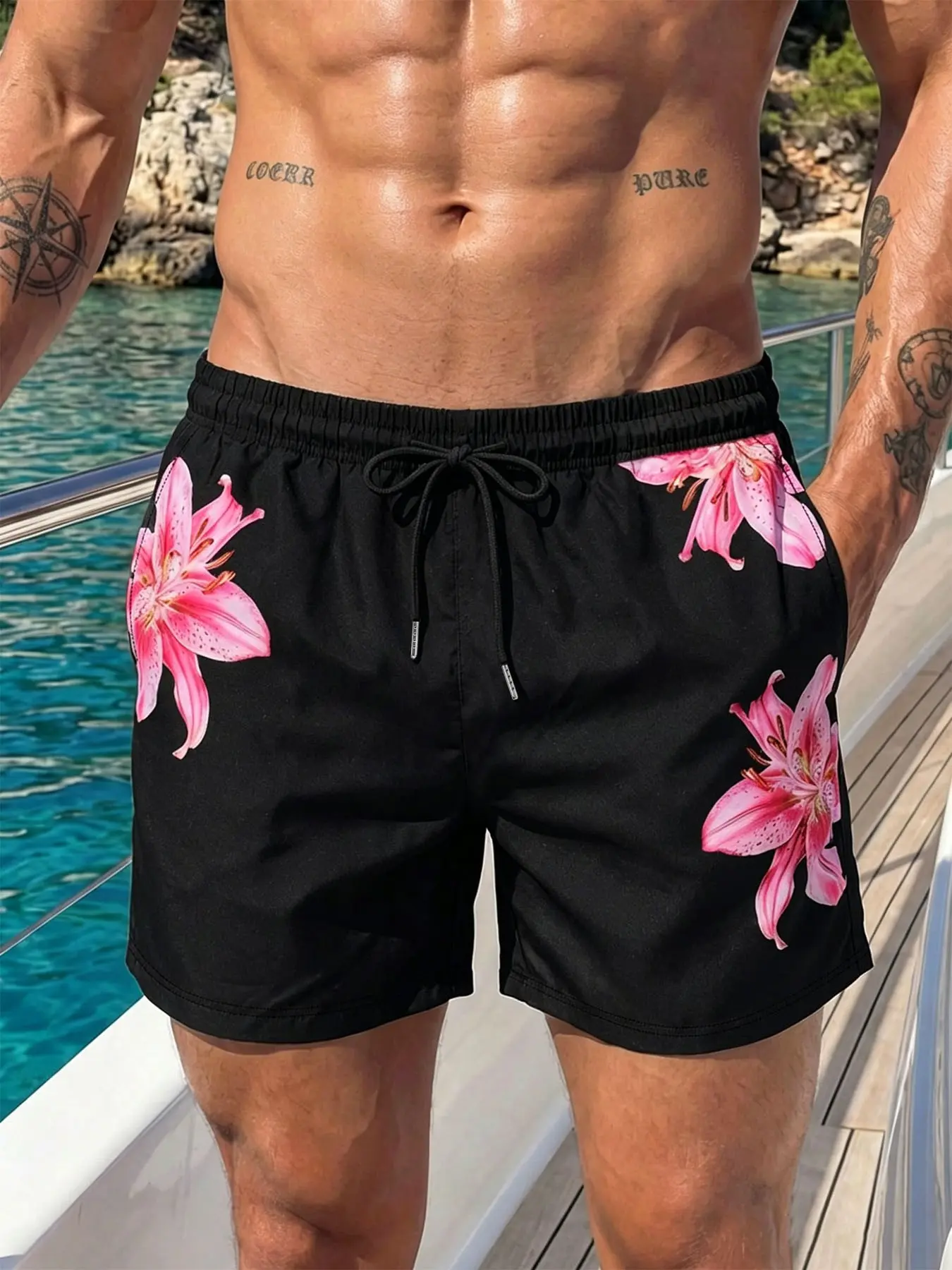 Men's Floral Print Beach Swim Shorts, Black With Pink Lily Print, Casual Elastic Waist Bottom for Beach and Vacation