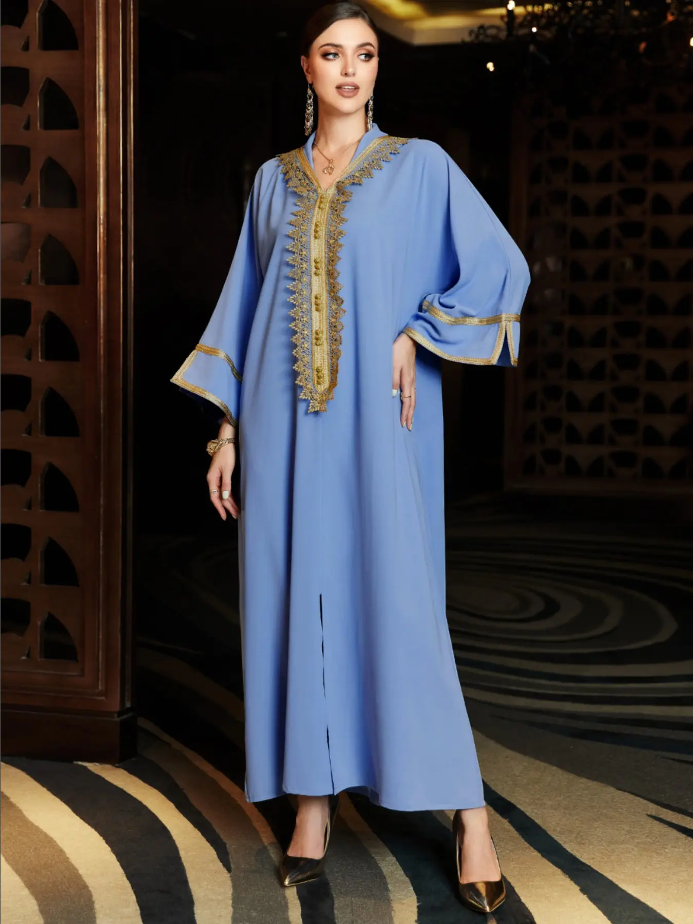 3154 Fresh Sky Blue Court Style Long Robe with Hood, Embroidery, Bat Sleeve, Loose Fit, Middle Eastern Dubai Resort Dress Abaya