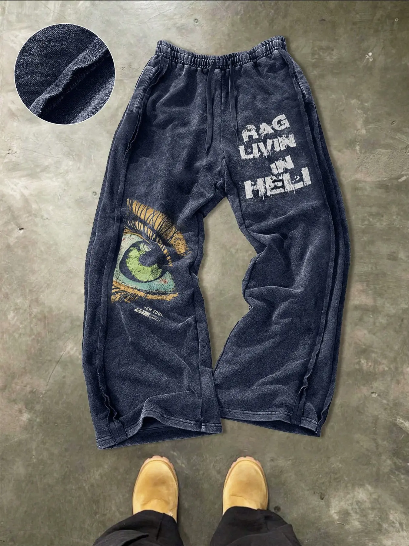 Men's Long Pants, Essential Streetwear, Y2K Gothic Eye Print Sportswear, Washed Wide Leg Street Style, Casual All-Seasons