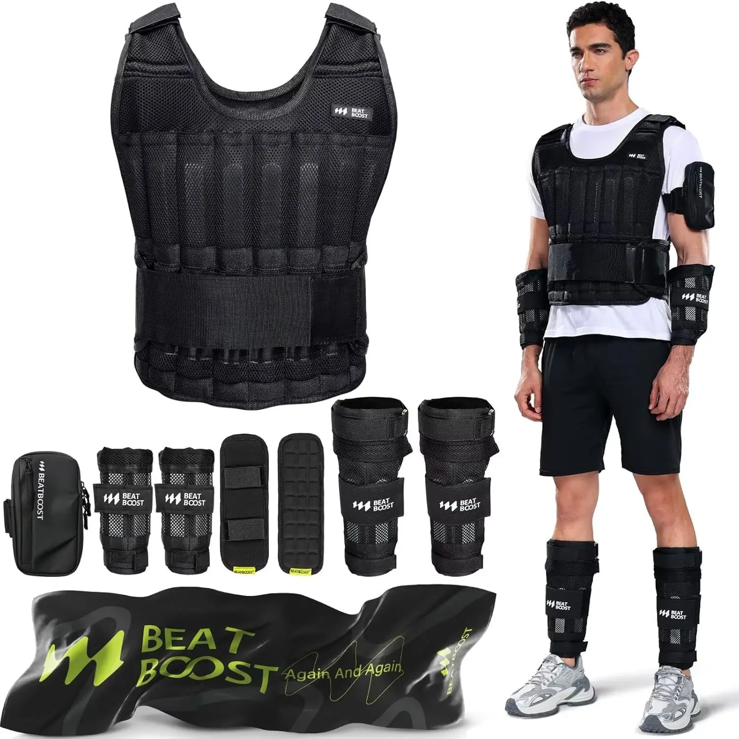 Beat Boost Adjustable Weighted Vest - 20-60lb Steel Plates for Men, Women | Training Equipment, Home Workout Equipment | Lifting, Strength Training, Fat Burn, Workout Equipment For Home
