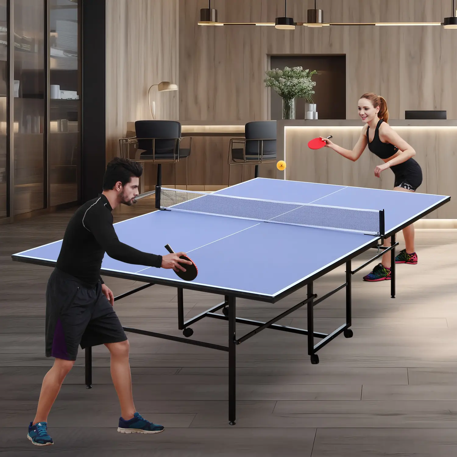 Professional Full Size 9Ft Folding Ping Pong Table – Portable Tennis Table w/Net, 4 Wheels, 10-Minute Quick Assembly, Playback Mode – Indoor/Outdoor