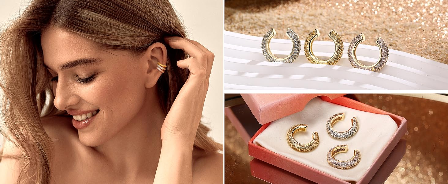 Ear Cuff Non-Piercing Earrings, Women's Chunky Earcuff Earrings No Hole Clip on Cartilage Earrings for Girls Hypoallergenic Jewelry Gift, Di medie dimensioni, Brass, Cubic Zirconia