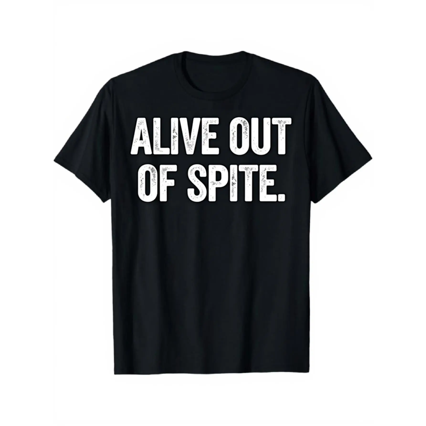 Men's Black Vintage "ALIVE OUT OF SPITE" T-Shirt - Bold White Text Print Short Sleeve Crew Neck Cotton Tee, Casual & Statement Wear, Machine Washable, Year-Round Essential for Daily Outfits & Slogan Looks