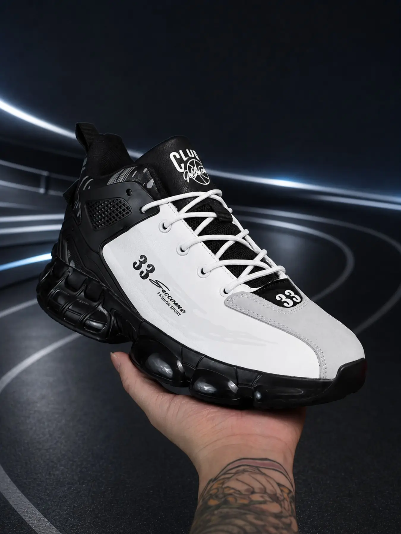 Men's Mech Style Dad Shoes, Patchwork Leather Upper, Retro Basketball Print, Segmented Air Cushion Sole, Anti-Slip Shock Absorption