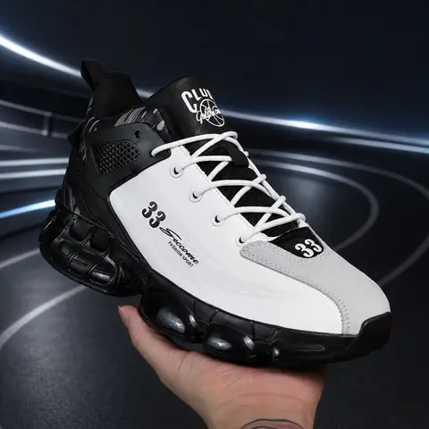 Men's Mech Style Dad Shoes, Vintage Basketball Sneakers, Patchwork Leather Upper, Retro Basketball Print, Segmented Air Cushion Sole, Anti-Slip Shock Absorption