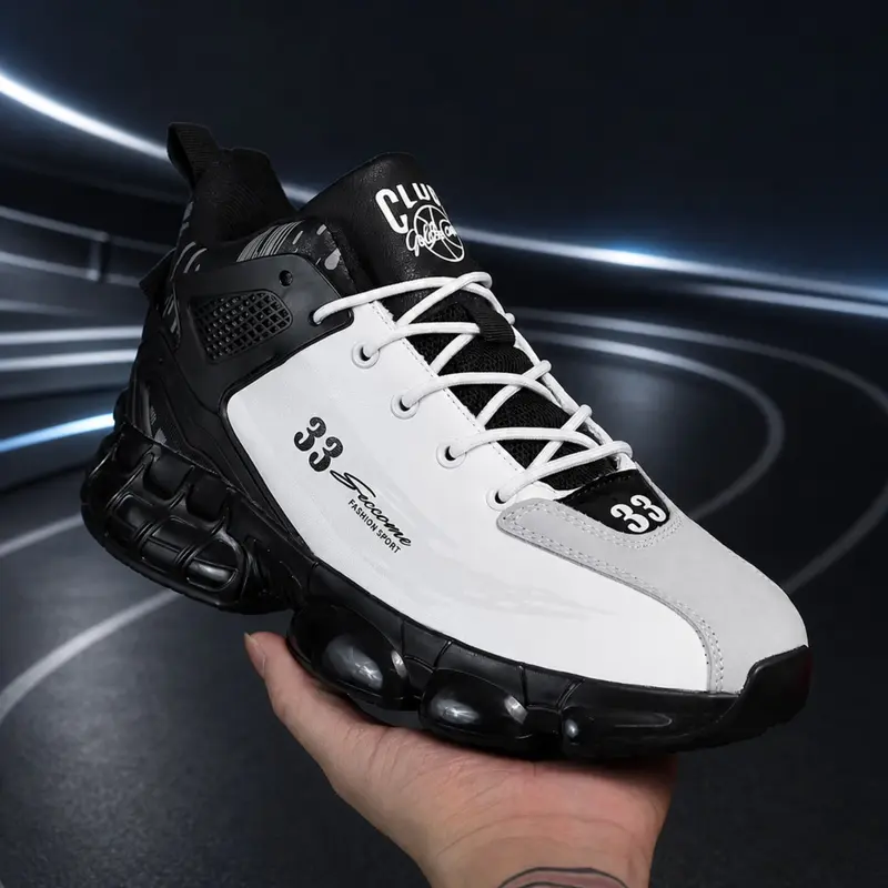Men's Mech Style Dad Shoes, Vintage Basketball Sneakers, Patchwork Leather Upper, Retro Basketball Print, Segmented Air Cushion Sole, Anti-Slip Shock Absorption