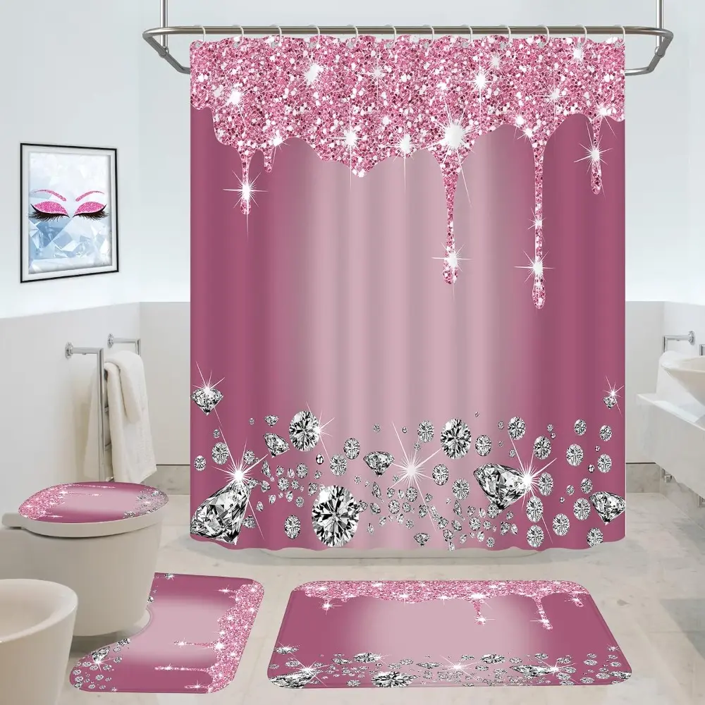 4 Pcs Glitter Diamond Shower Curtain Sets, Rose Red Shiny Drips Bath Decor with Rugs and Toilet Lid Cover, Fuchsia Luxury Texture Colorful Bling Modern Bathroom Curtain with 12/24 Hooks