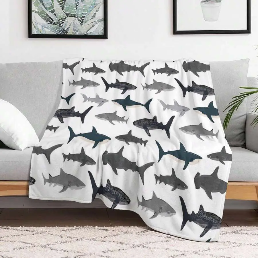 Neutral Grey Multi-Type Shark Repeat Flannel Blanket Soft Plush Warm Throw Blanket, Minimalist Monochrome Marine Sea Creature Decor Couch Bedroom Nap Blanket, Giftable Ocean Shark Wildlife Lover Comfort Blanket for All Seasons
