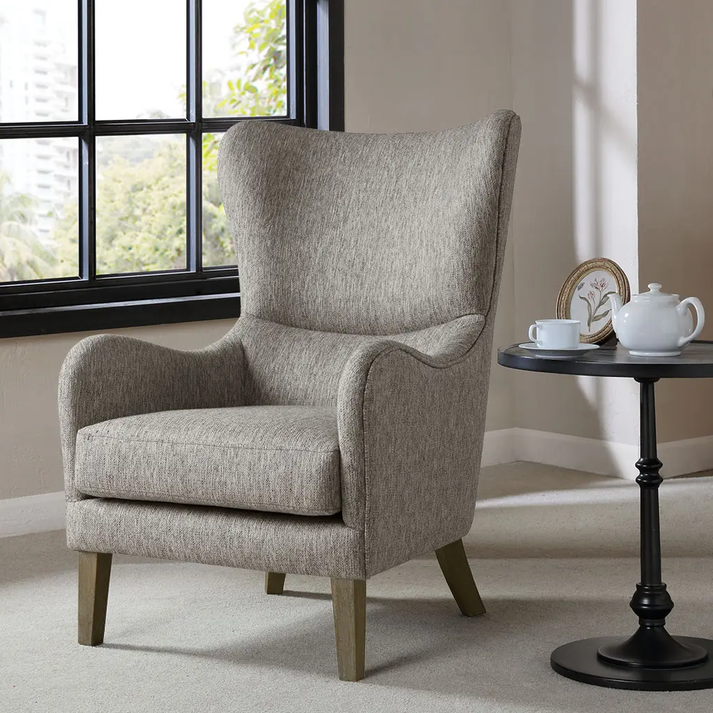 Nokaa Wing Chair Accent Armchair Upholstered Lounge Chair with Round Arm and Solid Wood Legs for Living Room Bedroom Reading Room, Grey Single Seat Indoor Furniture
