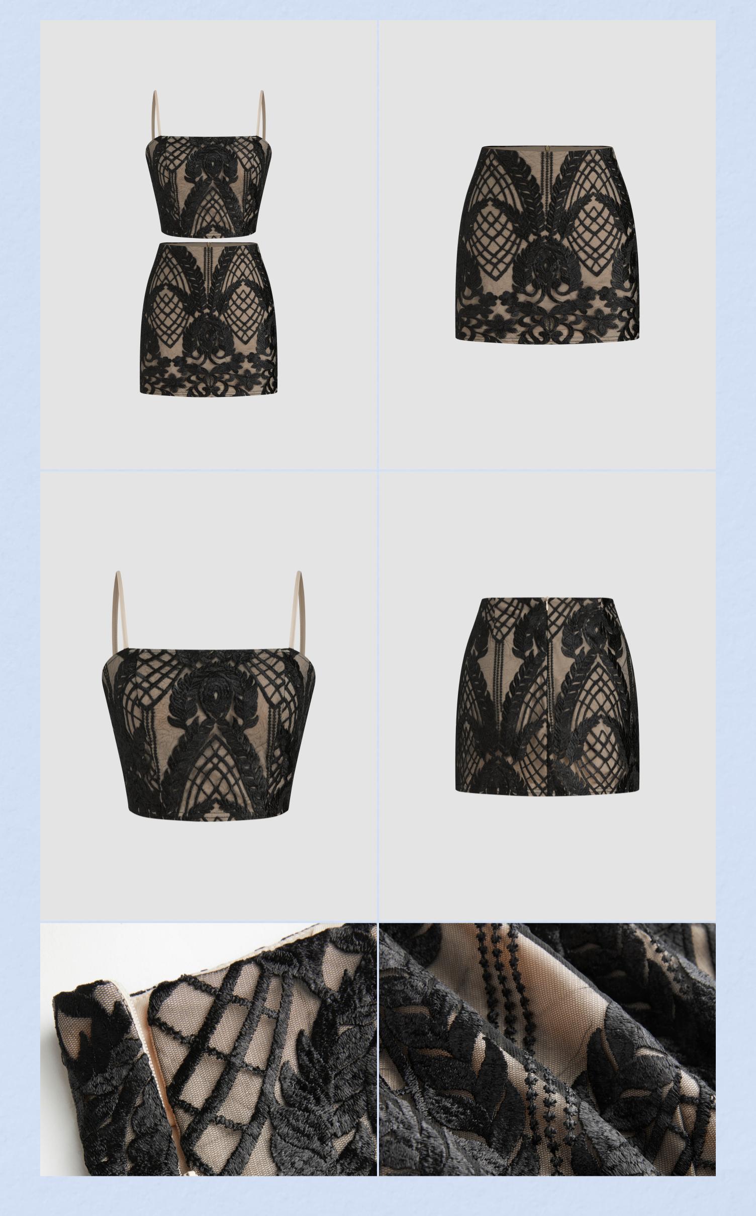 Cider [2 colors, size 2-10] Jacquard Square Neck Floral Crop Cami Top & High Rise Zipper Mini Skirt Set