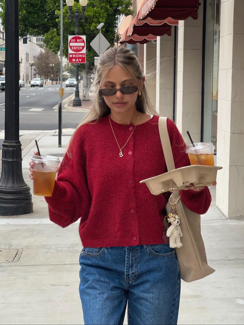 Women's Casual Fitted Sweater Jacket, Knitwear, Plain Knit Outerwear for Fall & Winter, Comfortable Moderate Fabric, Stylish Commute Wear