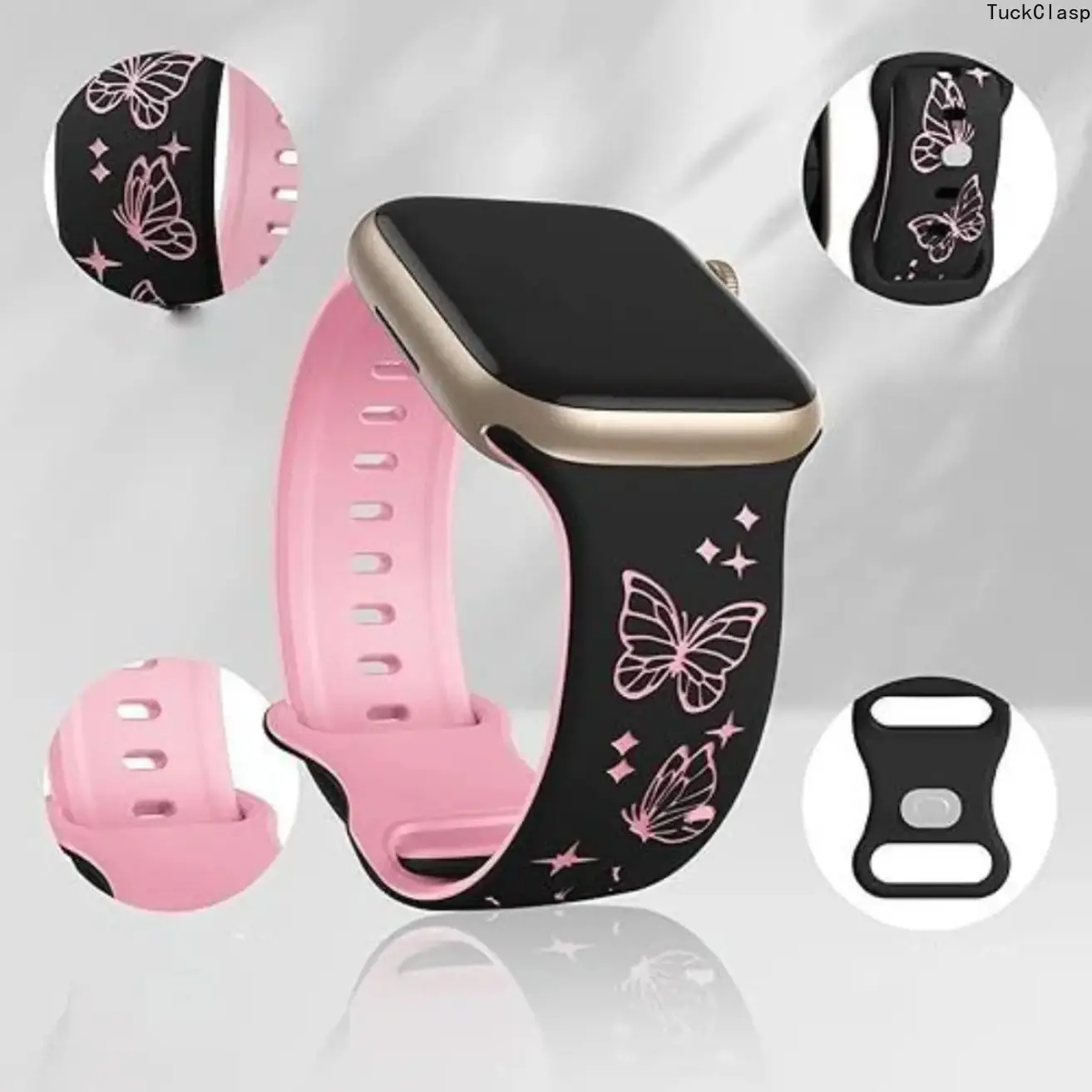 Stereo Engraved Butterfly Silicone Watch Band Compatible with iWatch Series 1-11, SE & Ultra, Two-Tone Soft Replacement Strap with Classic Pin Buckle, Comfortable for Daily, Sports & Outdoor Wear (Watch Not Included)