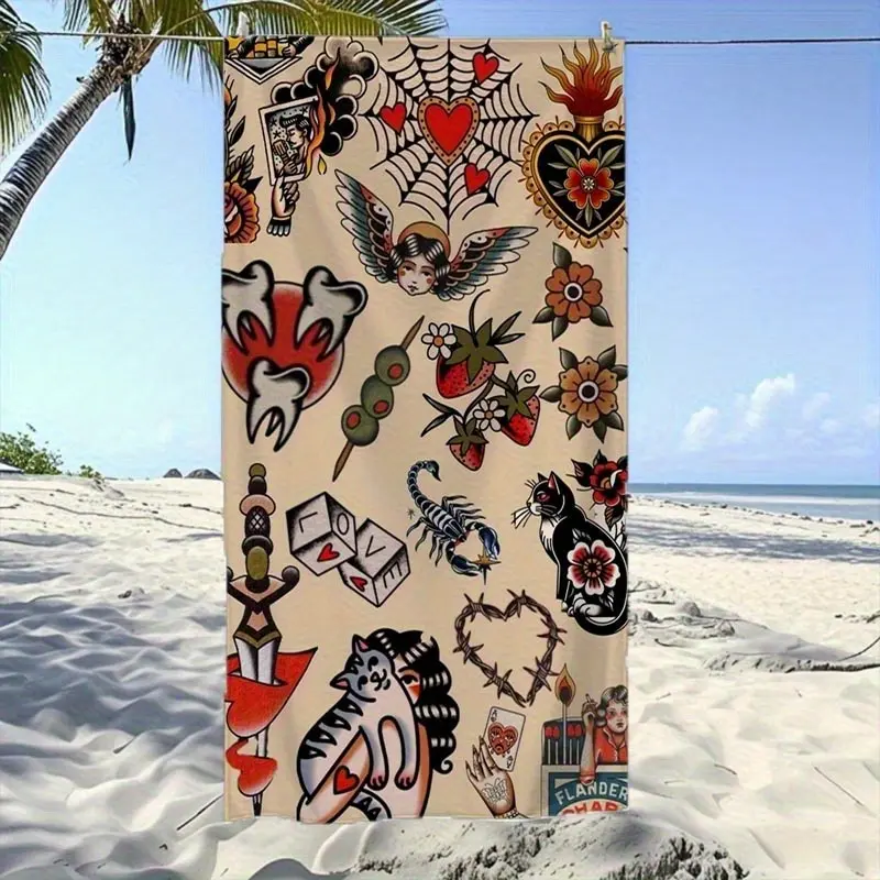 Vintage American Traditional Geometric Tattoo Flash Pattern Beige Old-School Quick-Dry Microfiber Beach Towel - Sand-Free, Lightweight, Large Bath Towel for Punk Rock Gothic Ink Lovers, Summer Beach Party Gift