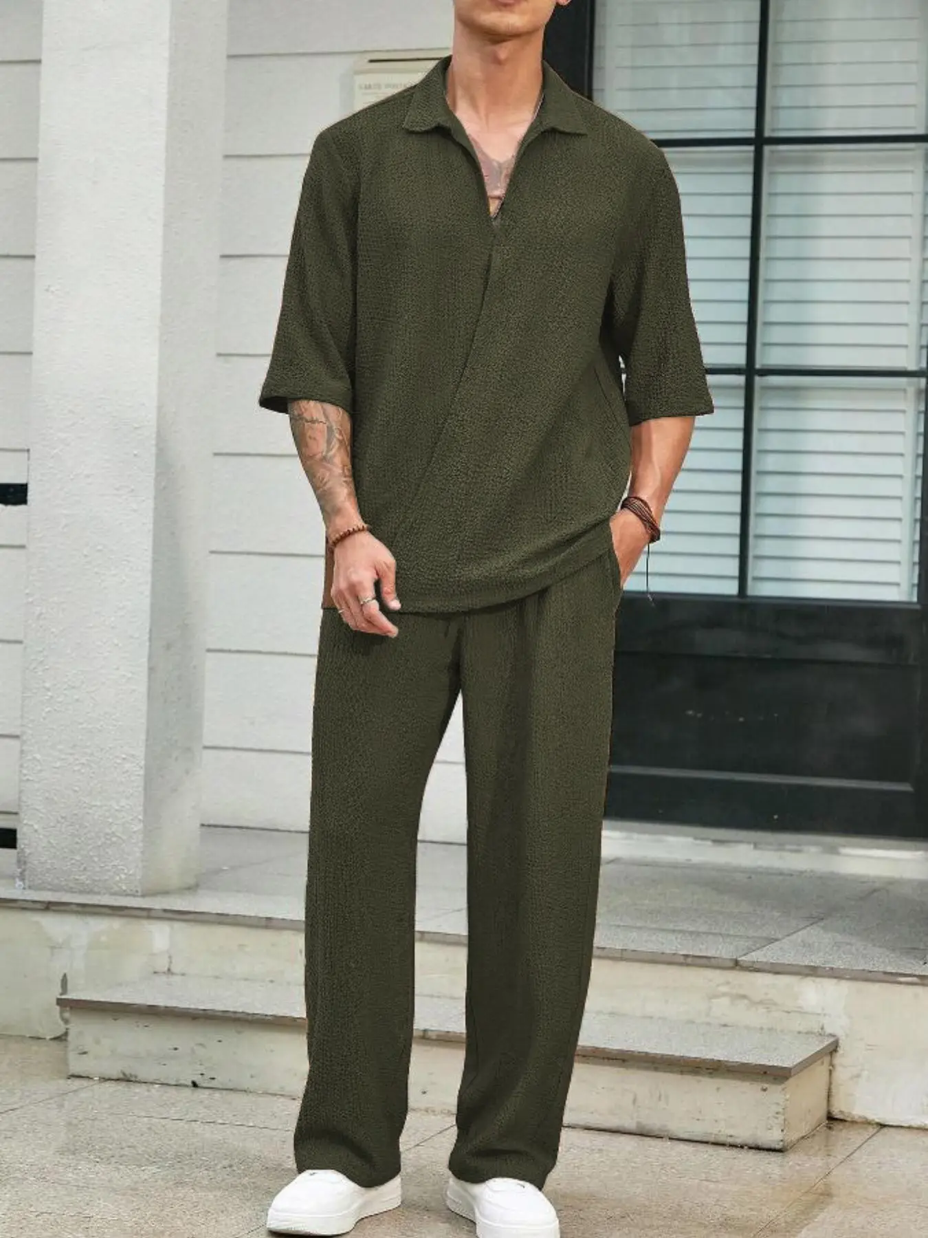 Men Summer Matching Set, Textured Crinkle Fabric, Lapel Collar, Half Sleeve Loose Top, Wide Straight Trousers, Holiday