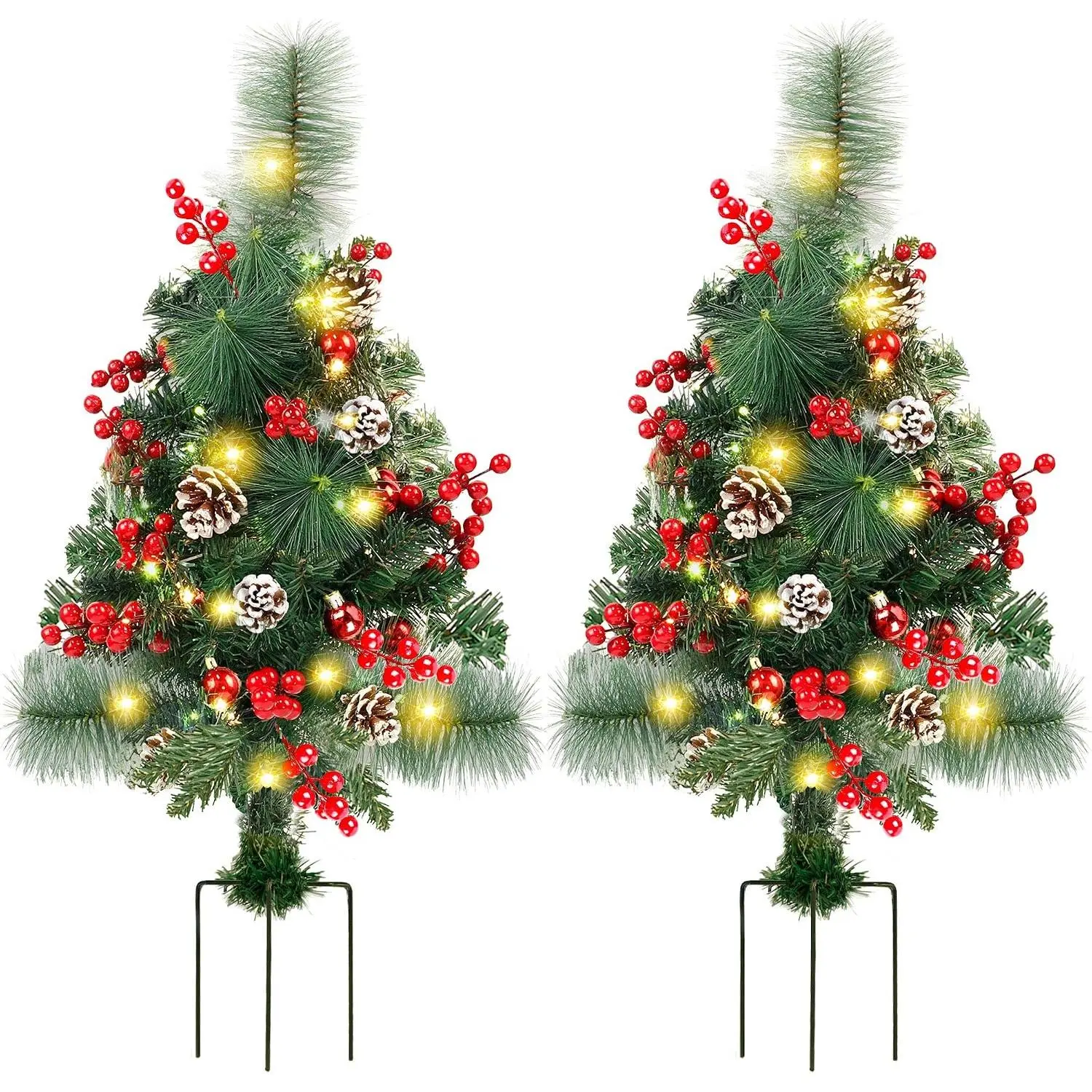 2-Pack Modern 2ft Pre-Lit Pathway Christmas Trees with Stake - Synthetic 60 Pre-Lit Lights Yard Decorations for Outdoor Festivity, Insertable Ornaments with Red Berries, Red Balls, Pine Cones