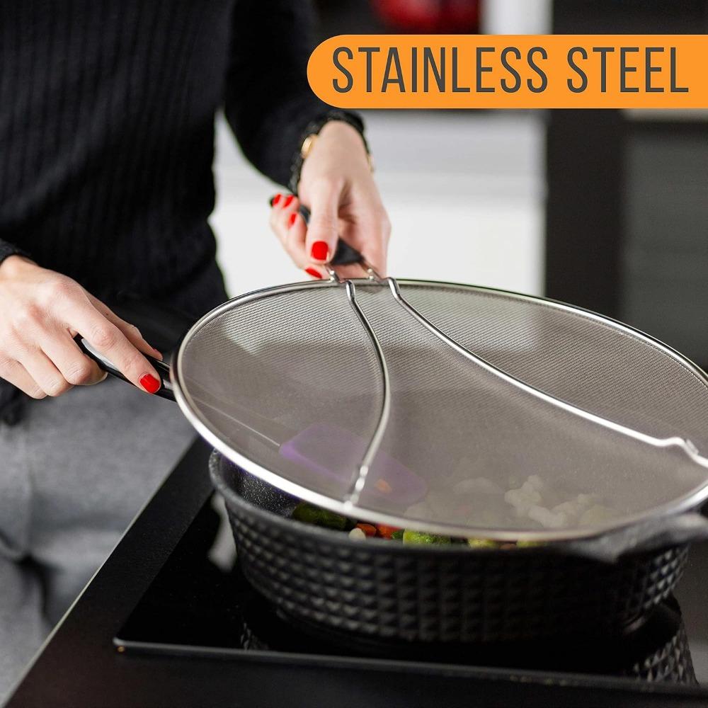 Kitchen supply 3-piece stainless steel splatter guard set (13", 11.5", 9.5") fine mesh cover, grease & oil, splatter screen For Frying pan,Cooking pot with resting feet & comfort grip handles