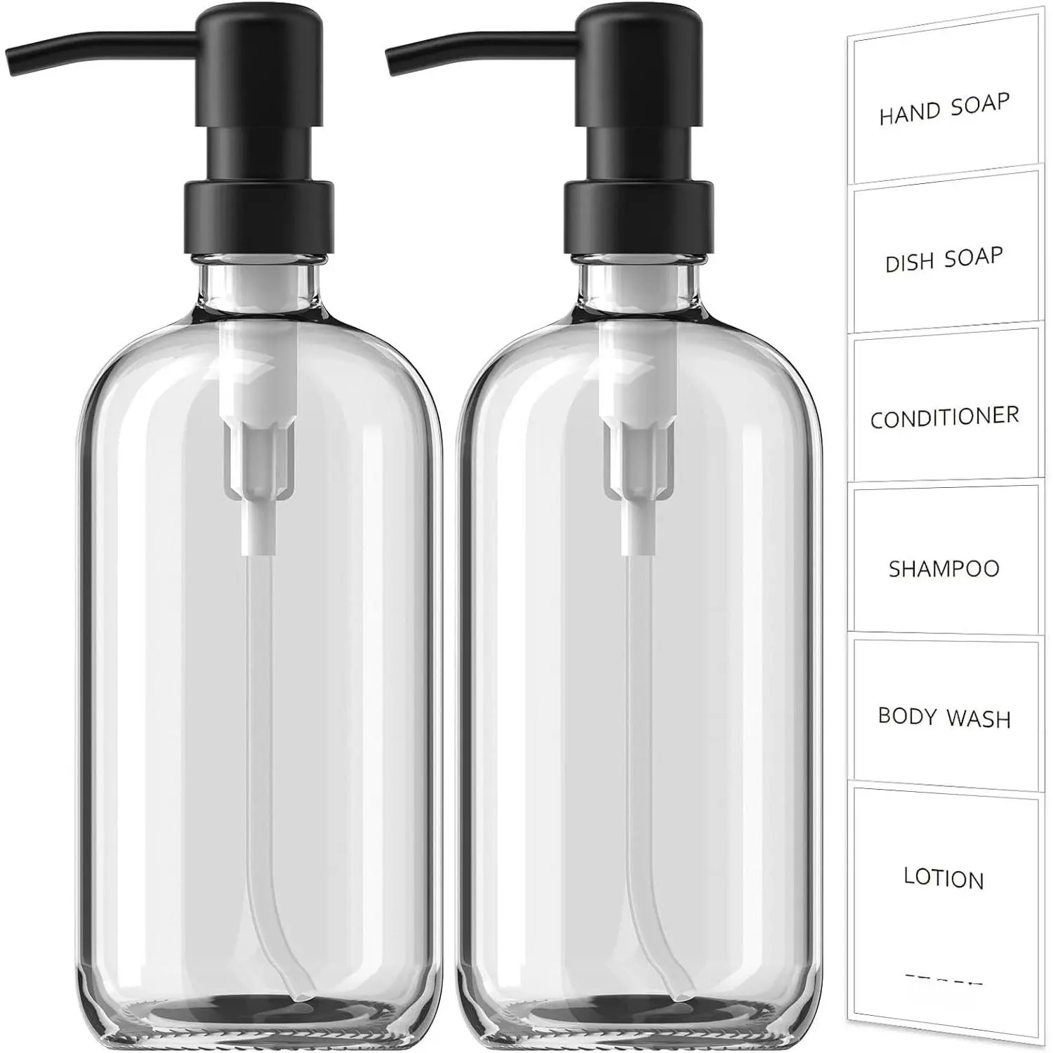 Glass Soap Dispenser with Pump, 2 Pack Clear Bathroom Hand Soap Dispenser with Stainless Steel Pump, 17 Fl Oz Refillable Kitchen Hand and Dish Soap Dispensers Set, Modern Liquid Pump Bottles