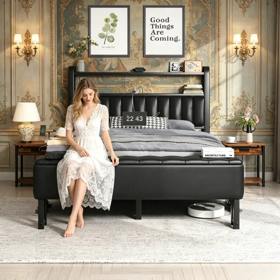Dreamy Starry Sky LED Ottoman Bed, Plush Cushioned Storage Platform Bed Equipped with Convenient Bedside Charging Hub, Heavy-Duty Stable Legs, Hassle-Free Fast Assembly