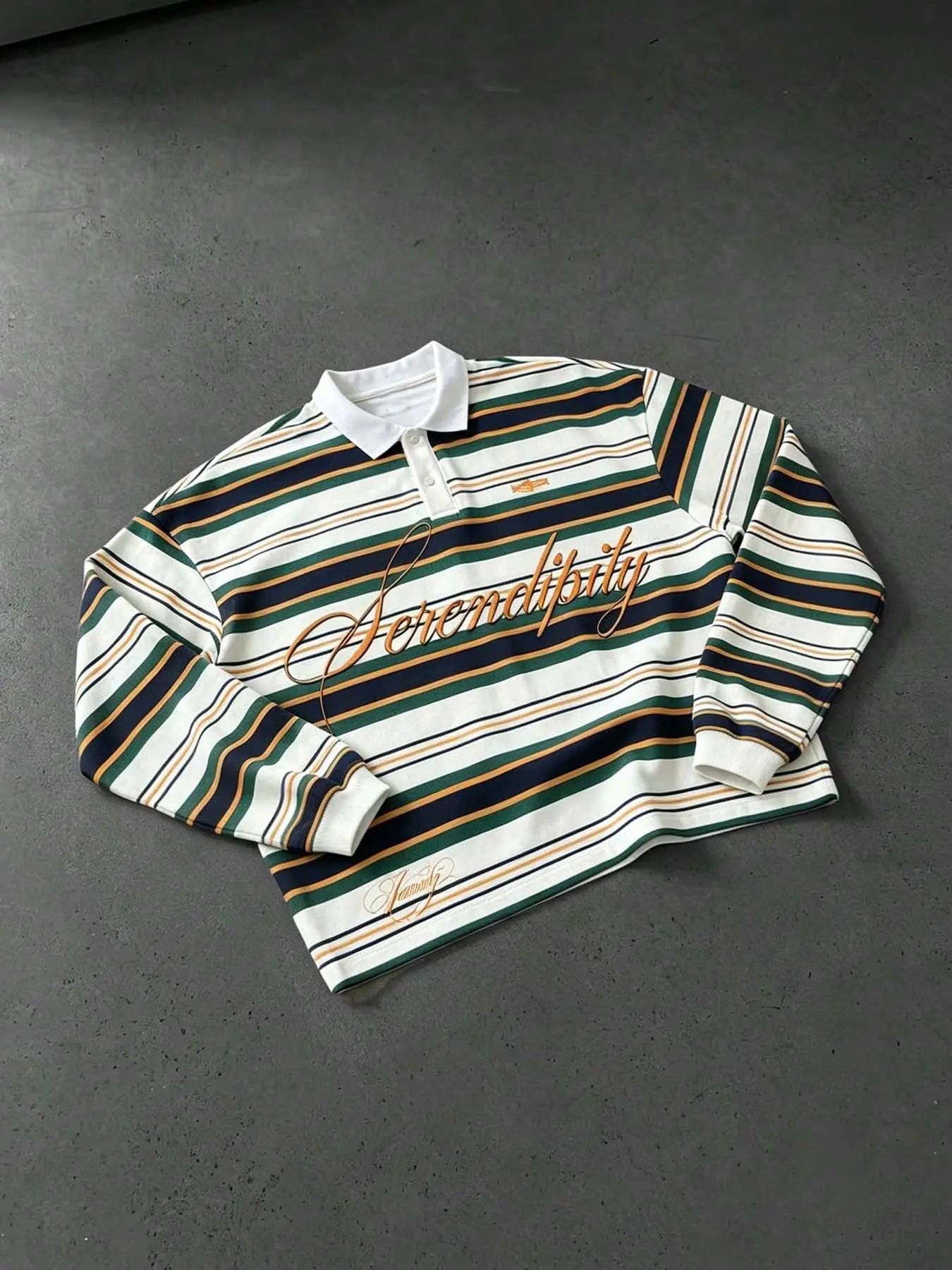 Retro striped long-sleeve polo shirt, classic white-collar rugby shirt, with Serendipity script letters, soft and comfortable fabric, unisex casual street style, stylish vintage everyday wear, suitable for spring and autumn outfits.