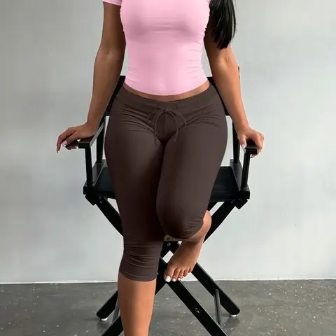LW Home Women's Minimalist Solid Color Round Neck Short Sleeve T-Shirt and Adjustable Drawstring Cropped Pants Set, Summer Everyday Home Wear