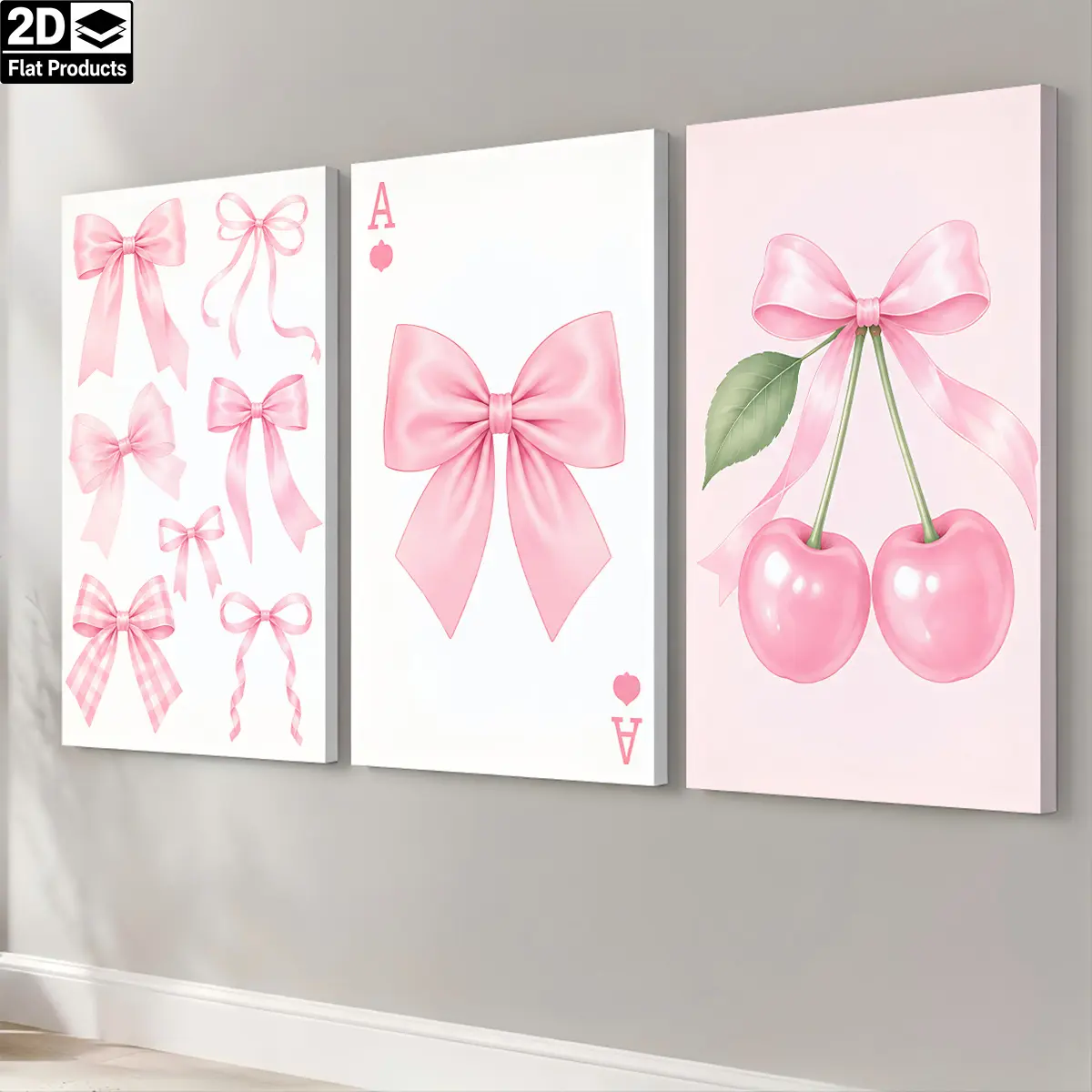2D canvas, three-piece set - pink, with bow A-card poker, bow-decorated cherries and wall leaf decorations. Themed canvas wall art, waterproof canvas print, ready to hang and use, suitable as a home decor gift for Father's Day, graduation, birthdays, Inde