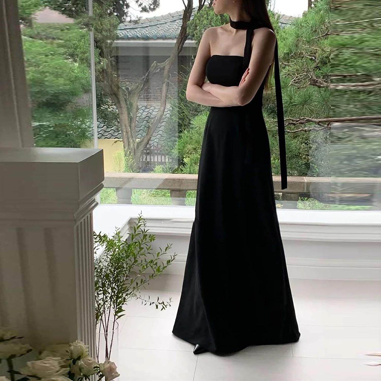 Black Strapless Korean Minimalist Evening Dress – High-End Banquet Gown, Slimming Forest Light Wedding Dress for Women, Birthday Ceremony