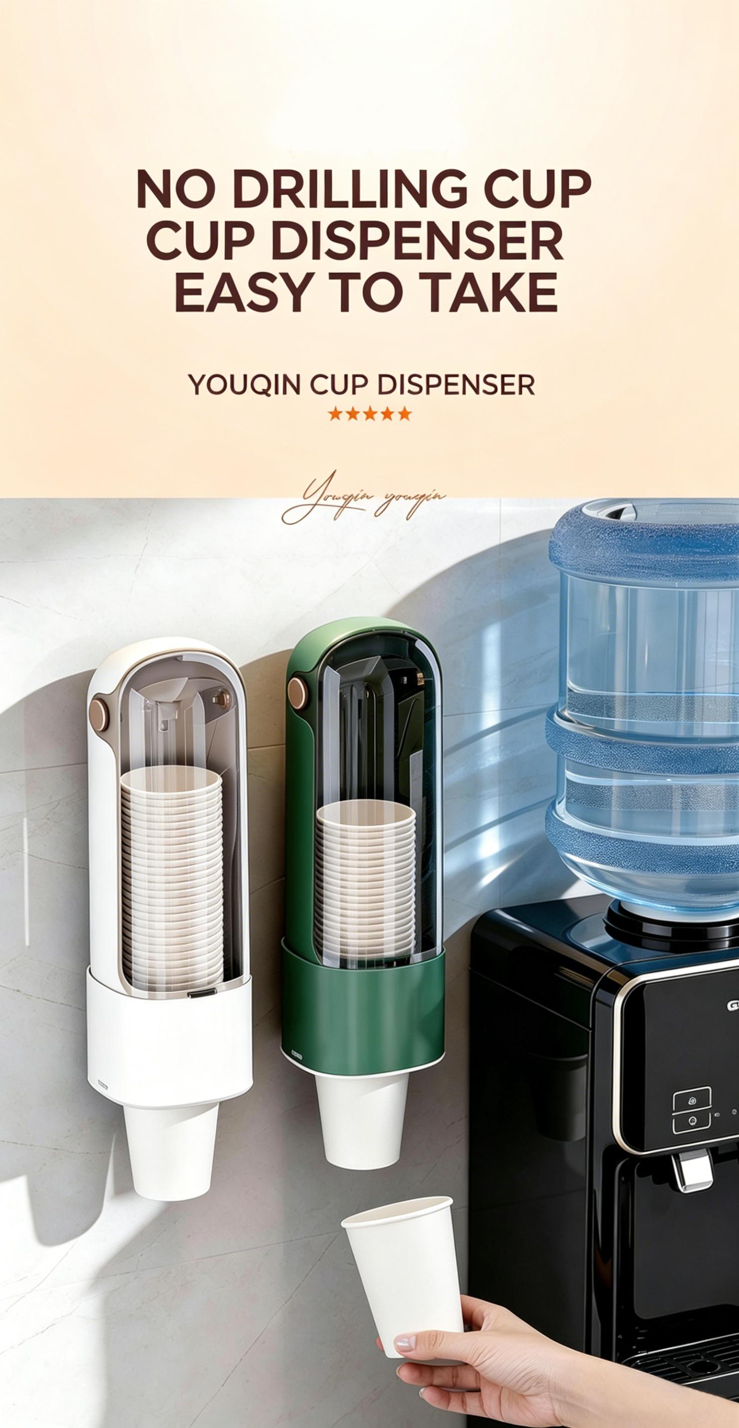 One-touch cup dispenser, automatic water dispenser, no-drill paper cup holder, dustproof kitchen storage rack, wall-mounted cup holder