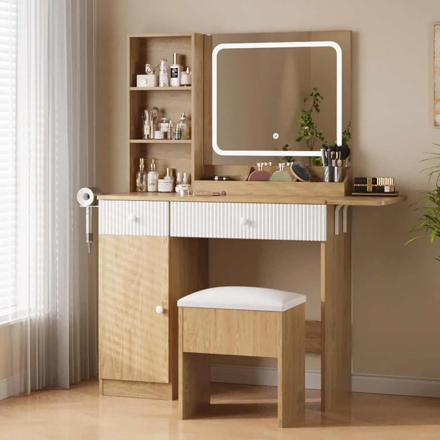 Compact Makeup Vanity Desk with Mirror & LED Lights – Small Bedroom Dressing Table with Power Outlets, Drawers, Cabinet, Storage Stool, Collapsible Panel